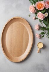 Minimalist Empty Wooden Plate Mock up, Flat Lay Template With Pastel Colors Background And Flowers