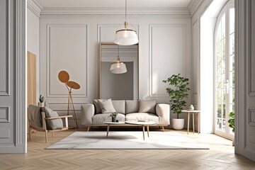 spacious, lavish, and light interiors digitally generated image of a living room mockup with a circle frame