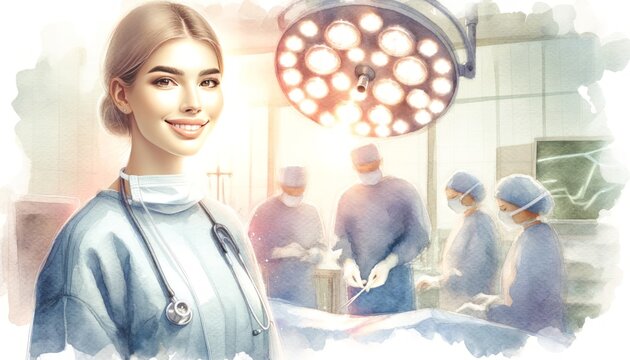 The image is a watercolor painting of a young medical professional in an operating room.