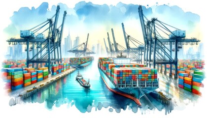 The image illustrates a busy container port with cargo ships and cranes. - obrazy, fototapety, plakaty