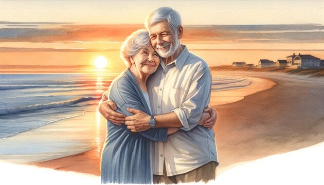 The image captures an elderly couple embracing on a beach at sunset.