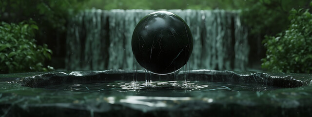 waterfall fountain in a green pond in a black marble  - obrazy, fototapety, plakaty
