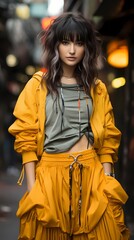 Vibrant Tokyo street style featuring a Japanese girl in fashionable streetwear against a backdrop of lively mustard yellow, the HD camera capturing the dynamic energy