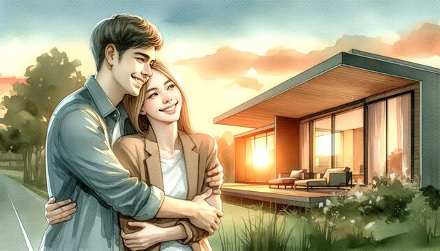 The image shows a young couple embracing in front of a modern home at sunset.