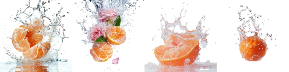 Foto op Plexiglas Tangerine Falling Into The Water Forming A Splash Realistic Look Hyperrealistic Highly Detailed Isolated On Transparent Background Png File © Wander Taste