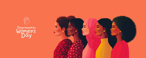 International Women's Day. March 8. Vector illustration of a group of women of different nationalities and races, symbolizing unity, unity and feminine strength and solidarity for banner, poster or ba - obrazy, fototapety, plakaty