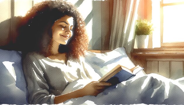 The image depicts a woman with curly hair reading a book in a sunlit room.