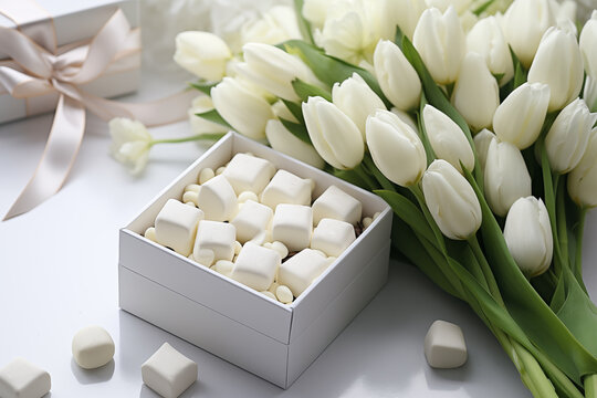 Celebrating White day. Bouquet of white flowers and white chocolate.