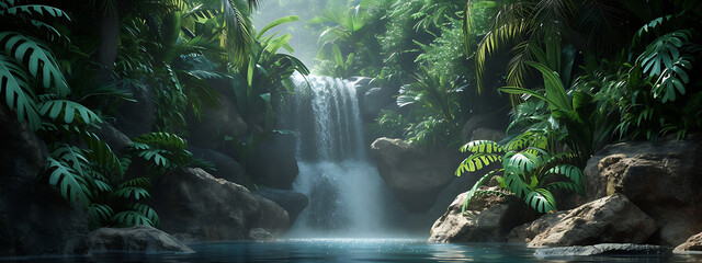 waterfall waterfall and stone pool in tropical 3d rdf - obrazy, fototapety, plakaty