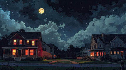 Fototapeta na wymiar Moonlit Neighborhood: Dark Sky Over Residential Bliss