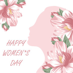 a template for the celebration of International Women's Day, namely March 8, which consists of the image of a woman's face and open buds of pink, spring magnolias, closed buds and green leaves