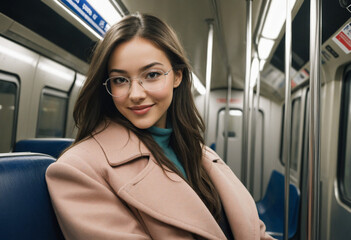 Young woman in glasses on metro seat