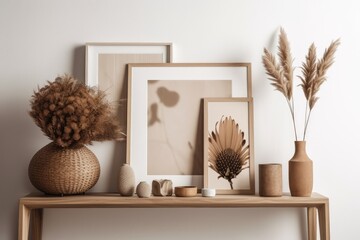 A sculpture, a dired flower in a vase, a brown mock up photo frame, and attractive personal accessories are displayed on a shelf in a minimalist interior design