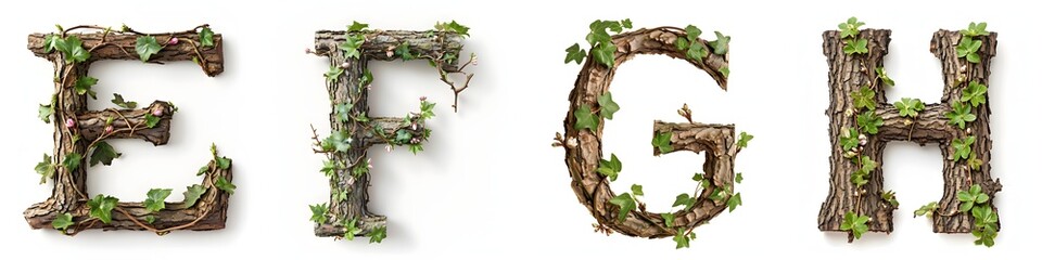 Alphabet letters E, F, G, H made of wood and green leaves on white background 