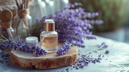 Obraz na płótnie Canvas Elegant perfume bottle on wooden slice with lavender sprigs and soft light.