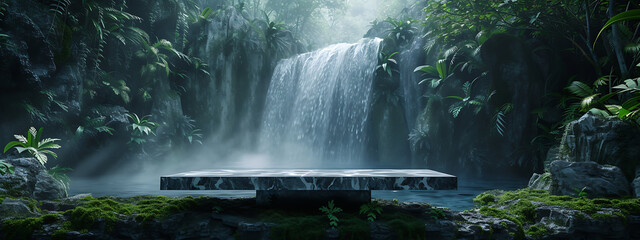 waterfall with marble table and moss 3d render in the - obrazy, fototapety, plakaty