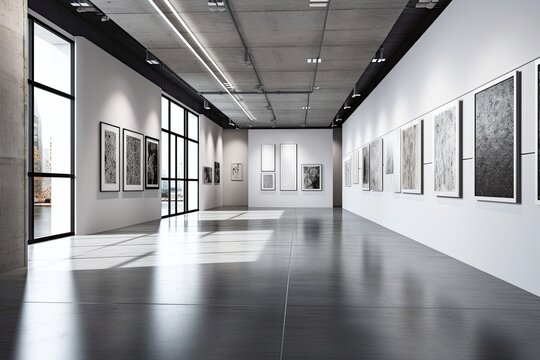 Interior of a contemporary gallery with blank, white mock up posters on a concrete wall. a museum idea