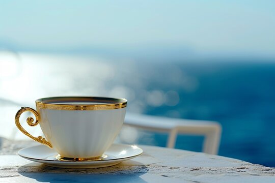 A Sophisticated, Gold-rimmed Coffee Cup, Exuding Elegance, Placed On A Chic Cafe Terrace With The Ocean Subtly Out Of Focus In The Background