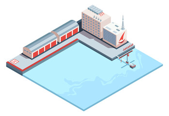 Seaport isometric icon with crane. City industrial dock port with container cargo industry freight. Distribution terminal or shipment  illustration