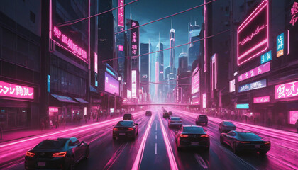 Futuristic cityscape with vibrant pink neon lights, lush greenery, urban graffiti, and digital...
