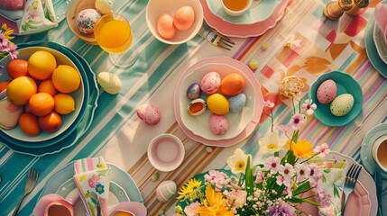 A flat lay of a festive Easter brunch table setting featuring a colorful tablecloth dishes and spring-themed decorations.