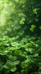 Fototapeta na wymiar Green clover background, sun shining, sun rays. St. Patrick's Day Symbol
