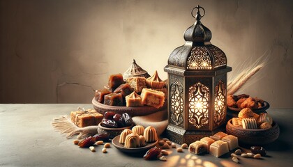 Traditional arabic Eid al Adha, Eid al Fitr sweets and maamul cookies with an elaborate Arabian lantern
