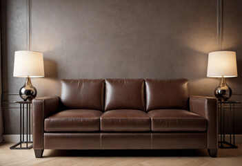 Stylish brown leather sofa in a modern classic apartment interior