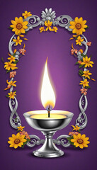 Silver oil lamp and decoration for Thaipusam against a purple backdrop.