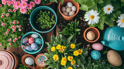 A flat lay of a gardening scene with Easter-themed planters and spring flowers. - obrazy, fototapety, plakaty