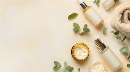 Skincare products on beige background. Cosmetic products top view, copy space.