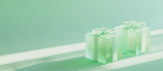 Transparent glass gift boxes on green background.
