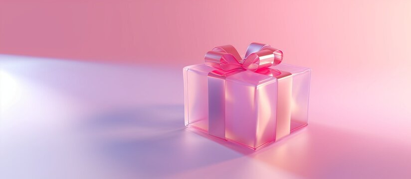 Transparent glass gift box on pink background.