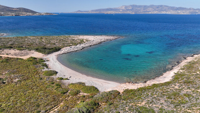 Aerial drone photo of paradise secluded beaches in Southern part of Antiparos island with crystal clear sea, Cyclades, Greece
