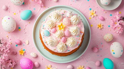 A flat lay of a homemade Easter cake decorated with pastel icing and Easter-themed toppers.