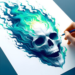 Human skeleton face glowing paper drawing