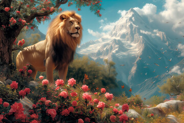 The sixth day of creation. A majestic lion stands in a blooming mountain landscape to mark the day when diverse fauna was created on Earth. - obrazy, fototapety, plakaty