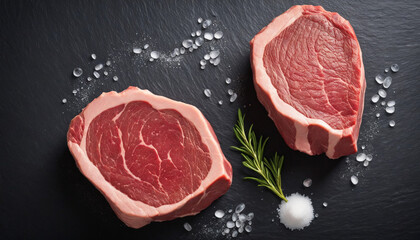 Fresh steak on a natural stone slab. Two raw steaks on a rustic rock surface. Season meat with salt, pepper, and herbs.