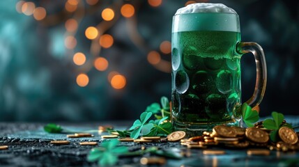 Green beer, gold coins and clover, symbols of St. Patrick's Day celebration, with space for text,...