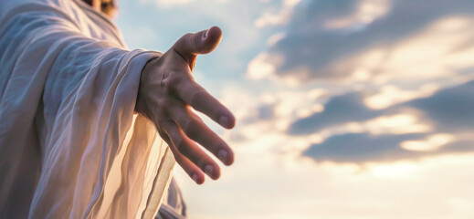 Jesus Christ in white clothes extends his hand to you against the sky as a symbol of Christianity, banner format