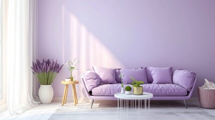 Cozy modern living room interior with purple and lavender accents and bright natural light