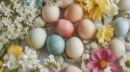 A flat lay of an array of Easter eggs dyed in natural tones surrounded by eco-friendly decorations.