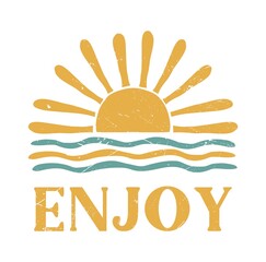 abstract summer landscape, sea, sun, waves. Paradise vacation in nature, the ocean in a minimalist retro style. hand drawn poster, banner, background. for print, wall art. art  illustration.