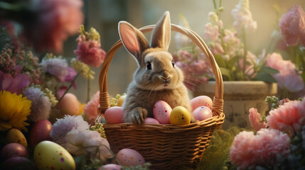 Easter Radiance: Bunny in a Bed of Blooms, Surrounded by a Rainbow of Eggs—A Visual Ode to the Colors of Spring.