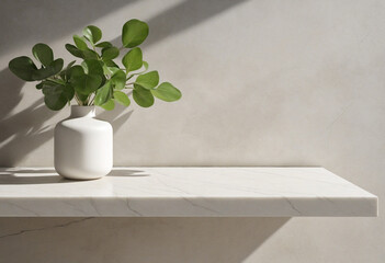 Minimal white marble counter top with leaf shadow on cement wall. Background for organic cosmetics, skincare, and beauty products.