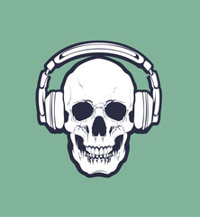 An elegant symbiosis of past and present: a stylish white skull with vintage headphones, symbolizing the timeless connection between classic and modern, depicted against a clean background.