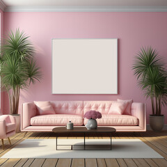 Mockup with frame, sofa, coffee table and palm trees. Banner for design. Generative AI. Copy space for ad.