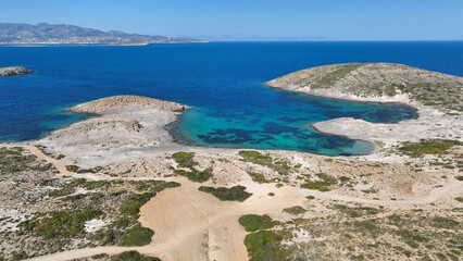 Aerial drone photo of paradise secluded beaches in Southern part of Antiparos island with crystal clear sea, Cyclades, Greece