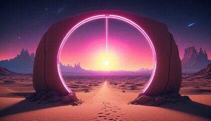 Mystical Stone Archway with Eerie Neon Glow in Desert Landscape