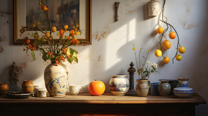 Fototapeta na wymiar Lemon bowl sitting on a table with sunlight,, Rustic vase holds fresh flower bouquet on wooden table indoor 